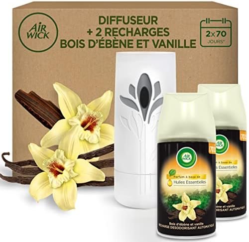 Air Wick Desodorisant Maison Diffuseur Freshmatic + 2 Recharges Parfum Vanille & Bois d’ébène, Blanc