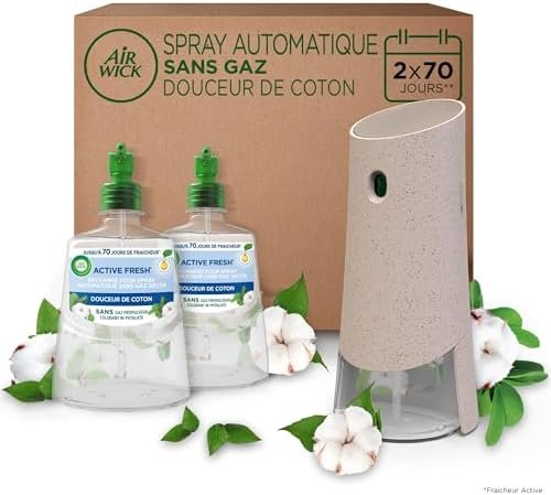 Air Wick Désodorisant Maison Spray Automatique Sans Gaz Active Fresh - 1 Diffuseur + 2 Recharges Parfum Douceur de Coton