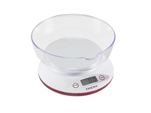 BEPER BP.802 Balance de cuisine numérique, bol transparent amovible, aliments solides et liquides, capteur haute précision, jusqu'à 5 kg, affichage LCD, unités Gram et Libre, Blanc/Rouge