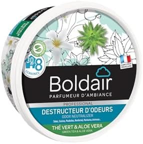 BOLDAIR - Destructeur d'Odeurs en Gel Thé Vert/Aloe Vera - Neutralise les Mauvaises Odeurs & Parfume l'Air - Composition Non Toxique & Biodégradable - Made in France - Boîte Diffuseuse 300 g