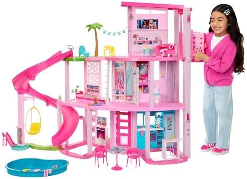 Barbie Coffret Maison de Rêve Poupée Mannequin, Design en Spirale sur 3 Niveaux, 10 Espaces de Vie Inclus Piscine, Toboggan, et Ascenseur, 75Accessoires Inclus,Jouet pour Enfant de 3 ans et Plus,HMX10