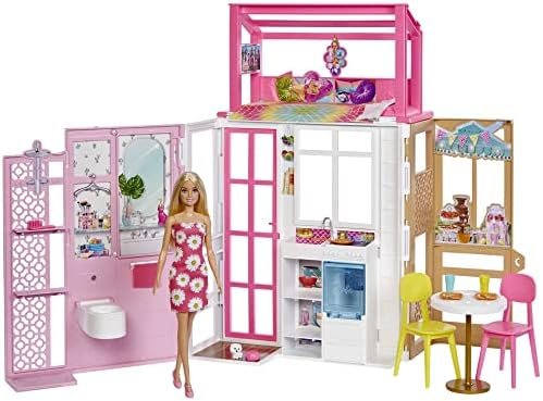 Barbie Coffret Maison et Poupée à 2 Niveaux entièrement meublée avec 4 Zones de Jeu, Chiot et Accessoires, Jouet Enfant, Dès 3 Ans, HHY40