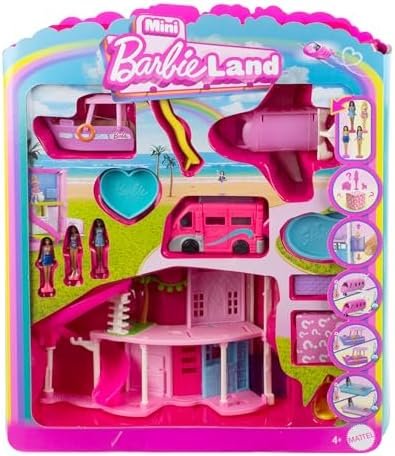 Barbie Maison de Rêve Mini-BarbieLand Coffret avec Une Maison de Rêve, 3 véhicules et 4 poupées de 3,8 cm, mobilier et Accessoires pour la Maison, Camping-Car, Bateau et Avion de Rêve Inclus, JDB86