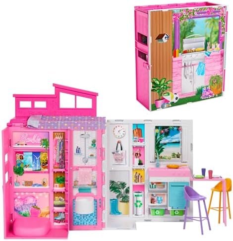 Barbie Maison de Vacances Coffret avec poupée, avec 4 Zones de Jeu Dont Une Cuisine, Une Salle de Bains, Une Chambre et Un Salon, 11 Accessoires de décoration, HRJ76