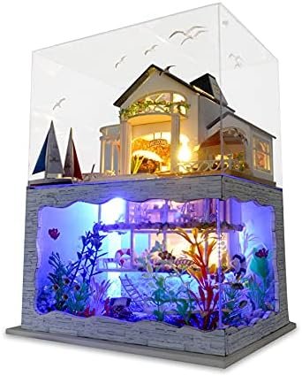 Cuteefun Maison Miniature a Construire DIY Maison Poupee Miniature Bois en Kit avec Anti-Poussière et Outils, Cadeau de Bricolage Artisanal, Impression d'Hawaï