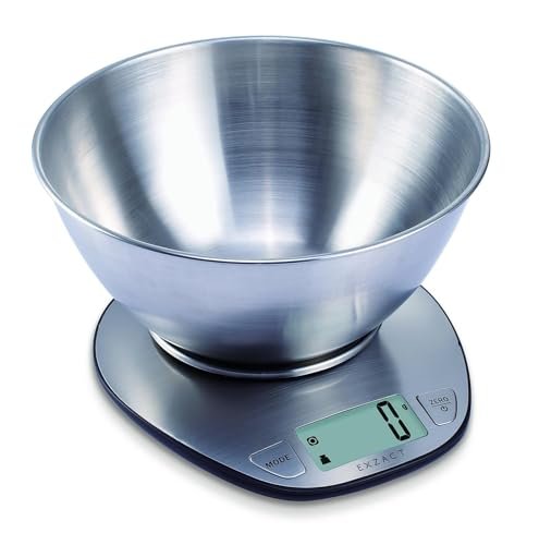 EXZACT Balance de Cuisine Électronique Multifonctionnelle Précise avec Grand Écran Numérique et Bol à Mélanger en Inox - Max 5 kg (EX4350)