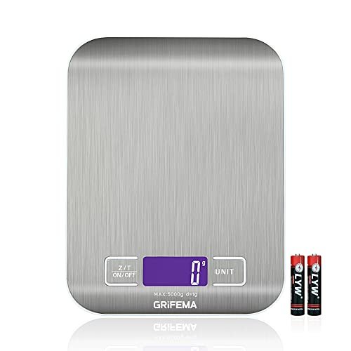 GRIFEMA GA2002 Balance de Cuisine Électronique de Haute Précision 5000g/1g avec Écran LCD Rétroéclairé, 6 Unités et Fonction Tare Acier Inoxydable, Smart Digital, pour Alimentaire Multifonctionnel