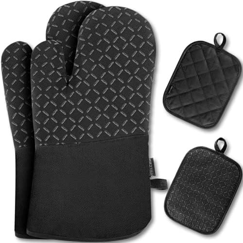 Gants de Four Lot de 4 maniques, MILcea Gants de Cuisine Gants et maniques en Silicone et Coton, 30 * 18 * 3.5cm