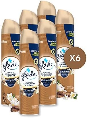 Glade Aérosol - Elimine Les Odeurs - Parfum Frais - Infusé Aux Huiles Essentielles - Sensual Sandalwood & Jasmine - 6 Aérosols