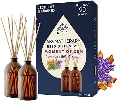 Glade Aromatherapy Diffuseur Bâtonnets - Infusé Aux Huiles Essentielles - Jusqu'à 90 Jours De Parfum - Moment of Zen, Lavande & Bois de Santal - 2 Diffuseurs & 16 Bâtonnets