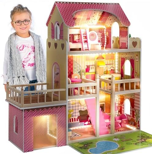 Green Series Kinderplay Maison de Poupée en Bois - Grande Maison de Poupée XXL pour Enfants dès 3 Ans | Maison Bois Idéal pour Filles et Garçons 3 Étages, Lumières LED Accessoires Inclus Maison Poupee