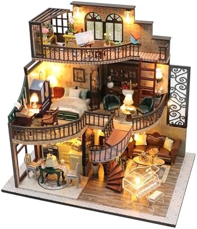 HIGSPE Maquette Maison Miniature DIY Kit, Puzzle 3D Maison de Poupées avec Meubles et Lumière LED en Bois, Cadeau de Bricolage, Loft Modèle de Construire pour Adultes Enfant