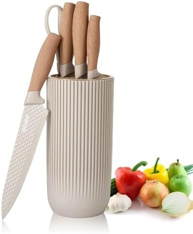 Justup Ensemble de couteaux tranchants 6 pièces pour cuisine, ensemble de couteaux de chef en acier inoxydable antiadhésif et antidérapant avec siège de couteau (Kaki)