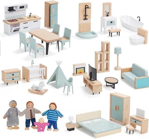 Kit de Meubles de Maison de Poupée en Bois, 36 Meubles avec 4 Poupées Familiales, Accessoires de Maison de Poupée, Jeux de Simulation pour Garçons, Filles et Tout-Petits 3 Ans +