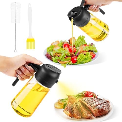 LWMTT 2 en 1 Pulvérisateur d'huile,470 ML Pulverisateur Huile Cuisine,Spray Huile d'olive, Spray d'huile Renforcé,Bouteille Huile pour Cuisiner, la pâtisserie, le barbecue et la salade(Noir) (Noir)