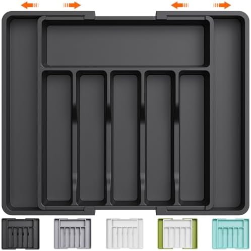 Lifewit Range Couverts, Plateau d'Ustensiles Extensible pour Tiroir, Organisateur de Tiroir Réglable pour la Cuisine, Rangement Compact en Plastique pour contenir des Cuillères, Fourchettes, Noir