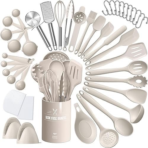 Lot de 43 ustensiles de cuisine en silicone résistants à la chaleur avec porte-ustensiles, antiadhésifs, passent au lave-vaisselle, kaki