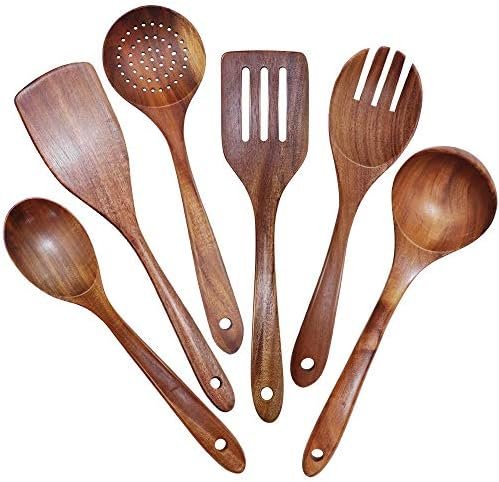 Lot de 6 ustensiles de cuisine en bois de teck naturel, grande taille ustensiles de cuisine antiadhésifs, cuillères en bois de teck naturel, spatule, passoire, ustensiles de cuisine durables sans