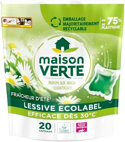 Maison Verte - Lessive Capsule - Parfum Fraîcheur d'Ete - Lessive Détachante - Spécial Peaux Sensibles - Efficace dès 20°C - 5 Enzymes Actives d'Origine Naturelle - Sans Conservateurs - 20 Lavages