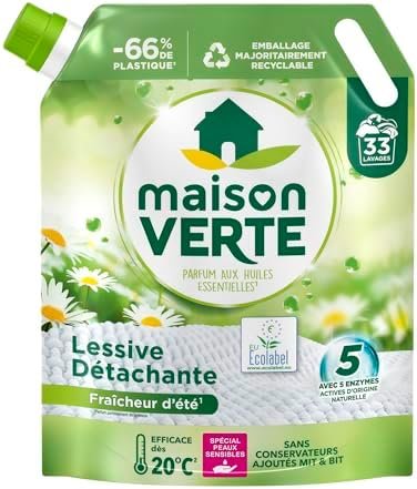 Maison Verte - Recharge Lessive Liquide - Parfum Fraîcheur d'Ete - Lessive Détachante - Peaux Sensibles - Efficace dès 20°C - 5 Enzymes Actives d'Origine Naturelle - Sans Conservateurs - 33 Lavages