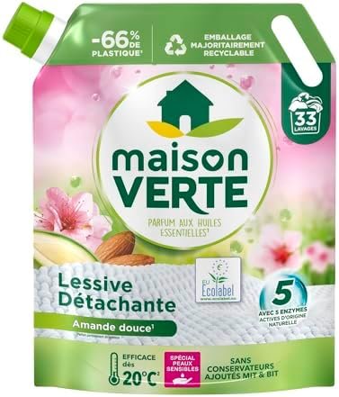 Maison Verte - Recharge Lessive Liquide - Parfum aux Huiles Essentielles - Lessive Détachante - Amande Douce - Peaux Sensibles - Efficace dès 20°C - 5 Enzymes Actives d'Origine Naturelle - 33 Lavages