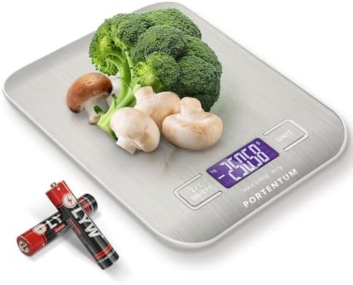 PORTENTUM Balance de Cuisine Électronique de Haute Précision 5000g/1g avec Écran LCD Rétroéclairé, 6 Unités et Fonction Tare Acier Inoxydable, Smart Digital, Balance Alimentaire