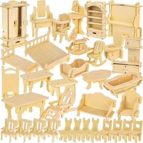 PTIT'GÉNIE - Ensemble de Meubles en Bois Miniature - 34 Accessoires pour Maison de Poupée à Monter Soi Même - Kit Créatif Personnalisable en Bois pour Enfant ou Adulte - 34 Pièces