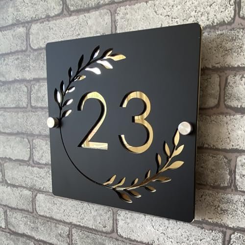 Plaque de numéro de maison personnalisable en acrylique 3D bicolore (noir et doré) avec numéros flottants et guirlande, intérieur et extérieur, idéale pour maisons, hôtels, appartements et magasins