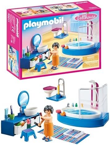 Playmobil 70211 Salle de Bain avec Baignoire - Dollhouse - avec Un Personnage, Une Douche, des Toilettes et des Accessoires de Toilette - pour aménager la Grande Maison - Dès 4 Ans