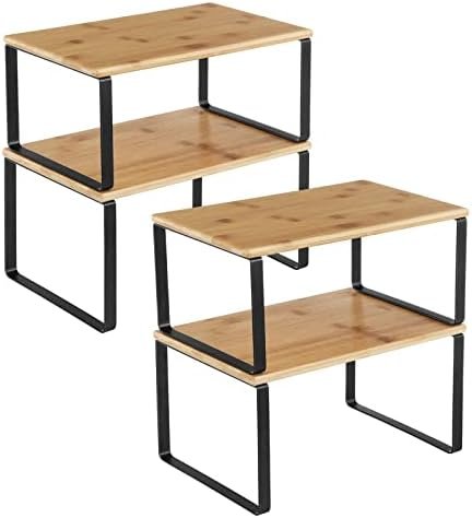 SONGMICS Étagère à Épices, Lot de 4, Organisateur de Placard, Étagère de Rangement de Cuisine Extensible, Porte-épices Empilable, Métal, Bois d’Ingénierie, Noir d'Encre et Beige Naturel KCS10NB