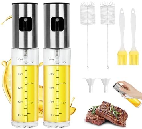 Starward 2 Pièces Pulvérisateur Huile Cuisine en Verre, Spray Huile d'Olive 100 ml, avec 2 x Entonnoirs, 2 x Brosses à Huile, 2 x Brosses de Nettoyage, Grill, Distributeur pour Friteuse