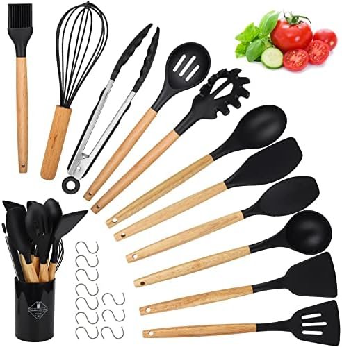 Ustensiles de Cuisine en Silicone, hicoosee 22 PCS Accessoire Cuisine Set sans BPA, Kit d'Ustensiles de Bois, Antiadhésive Set avec Pot de Rangement, Noir