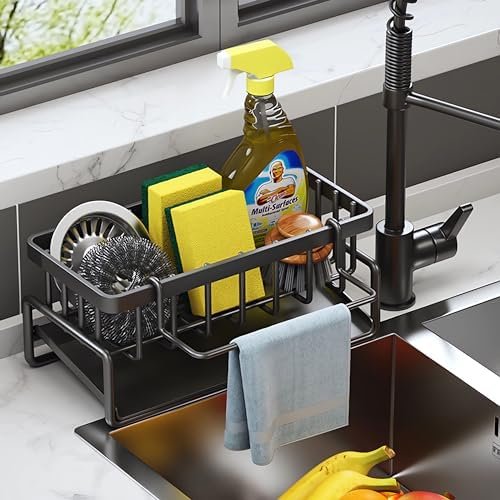 ViWaVee Rangement et Organisation de Cuisine, Organisateur d'évier en Acier Inoxydable avec bac d'écoulement Automatique pour Porte Eponge, Porte Serviettes, Super Accessoires pour Salle-Noir.