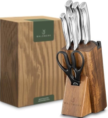 WALDWERK Couteau Cuisine - 7 Couteaux de Cuisine avec Bloc de Rangement et Aiguiseur Intégré - Bloc Couteaux Cuisine - Set Couteaux de Cuisine avec Support - Couteaux et Ustensiles de Cuisine