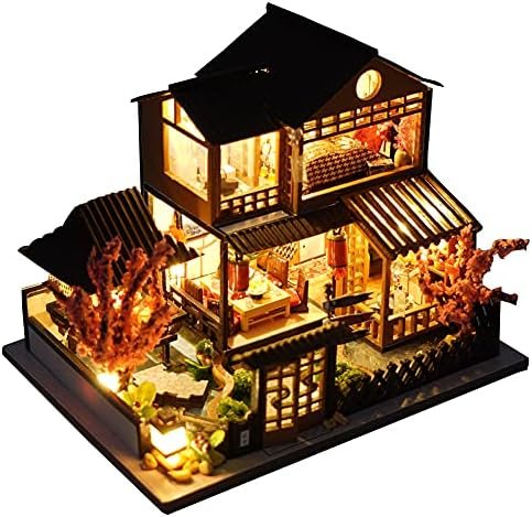 WDC Maison de poupée miniature en bois japonaise/bord de mer/marché automobile à faire soi-même, modèle 3D, cadeau créatif pour amis parents (villa de style japonais), 9,8 x 12,6 x 9,5 cm