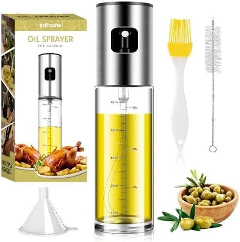 edihome, Spray Huile Cuisine, Vaporisateur pour Friteuse d´Air, 100 ml, Pulverisateur Anti-goutte, Accessoires Friteise sans Hulie, Verre et en Acier Inoxydable