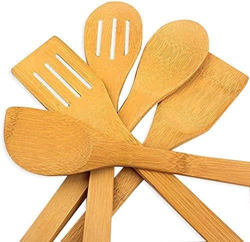 hollylife 5PCS Ustensiles de Cuisine en Bois pour Poêle antiadhésive Outil Ensemble Accessoires Complet Bambou 30CM cuillère Spatula Turner Non Toxiques déformation durabilité Ergonomique