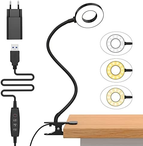 iZELL 10W Lampe de Bureau à Pince avec Chargeur USB[3 Modes d’Éclairage &10 Niveaux de Luminosité] Flexible à 360°Lampe Lecture Clipsable, 70CM Lampe Bureau Led pour Maison/Bureau