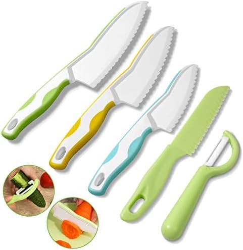 Couteau pour enfants 5 pièces Set de cuisine pour enfants pour couper et cuisiner des fruits ou des légumes pour les tout-petits, y compris un éplucheur couteau de sécurité à partir de 2 ans coffrets