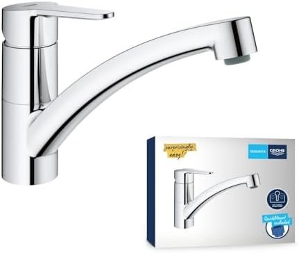 GROHE StartEco Mitigeur Monocommande Evier, Robinet Cuisine, Bec Bas, Rotation 140°, Mousseur avec Fente pour un Remplacement sans Outil, Chromé, 31685000