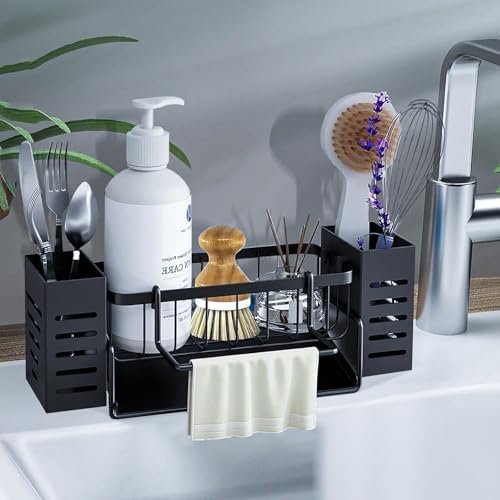 KOOSREEL Rangement et Organisation de Cuisine, Organisateur Evier Cuisine avec bac d'écoulement Automatique,Porte Eponge evier Cuisine avec Porte-Serviettes-Noir