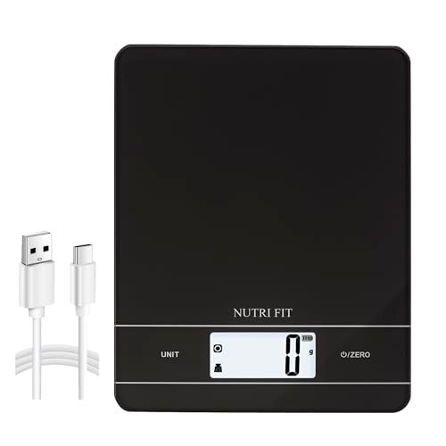 NUTRI FIT Balance de cuisine numérique rechargeable, balance alimentaire à chargement USB-C pour la cuisson, large plate-forme de pesée en verre trempé, écran LCD rétroéclairé, 11 lb/5 kg, Noir