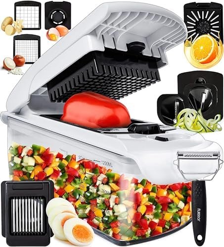 Coupe Legumes Multifonctions - Spiraliseur et Decoupe Legumes Manuel - Coupe Legume Cube Oignon Carotte Concombre Tomates Fruits - Cuisine Accessoires (9-en-1 Blanc)