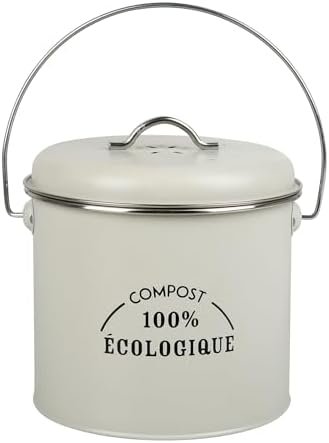 530212 Boîte à compost de cuisine ronde Ø16 cm H 25 cm en métal peint - 1 filtre à charbon inclus pour piéger les odeurs, Beige