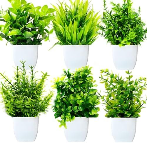 6 Pièces Mini Plantes Artificielles Verdure Plastique Faux Plantes avec Pot, Fausse Plante Interieur, Plante Artificielle pour Maison Salle de Bain Bureau Table Décoration D'intérieur