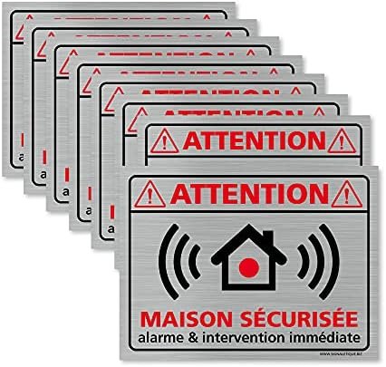 Adhésif (lot de 8) - Planche de 8 Adhésifs Attention Maison Sécurisée - Aspect aluminium brossé - Dimensions 80 x 60 mm - Protection Anti UV