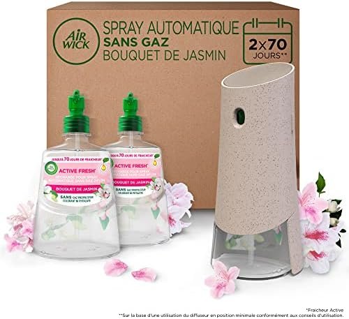 Air Wick Désodorisant Maison Spray Automatique Sans Gaz Active Fresh - 1 Diffuseur + 2 Recharges Parfum Bouquet de Jasmin