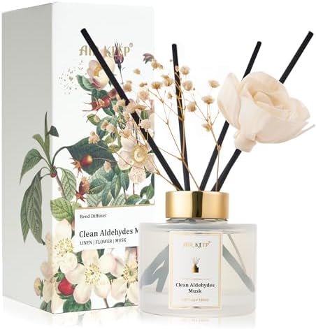 Airkeep Diffuseur de Parfum 150ml, Clean Aldehydes Musk Reed Diffuser Set, Rose Parfum d Ambiance Maison, Decoration pour Chambre, Salon, Salle de Bain, Bureau
