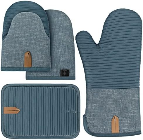 BONTHEE Lot de 4 gants de cuisine résistants à la chaleur - Avec rayures en silicone antidérapant - Pour la cuisine et la pâtisserie - Bleu
