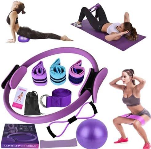 Bouasgh Ensemble Pilates Yoga 11 Pièces — Kit Pilates Maison, Kits de Yoga et Pilates, Pilates Accessoires, Bande de Résistance pour Pilates, Anneaux de Pilates pour Jambes, Bras et Cuisses
